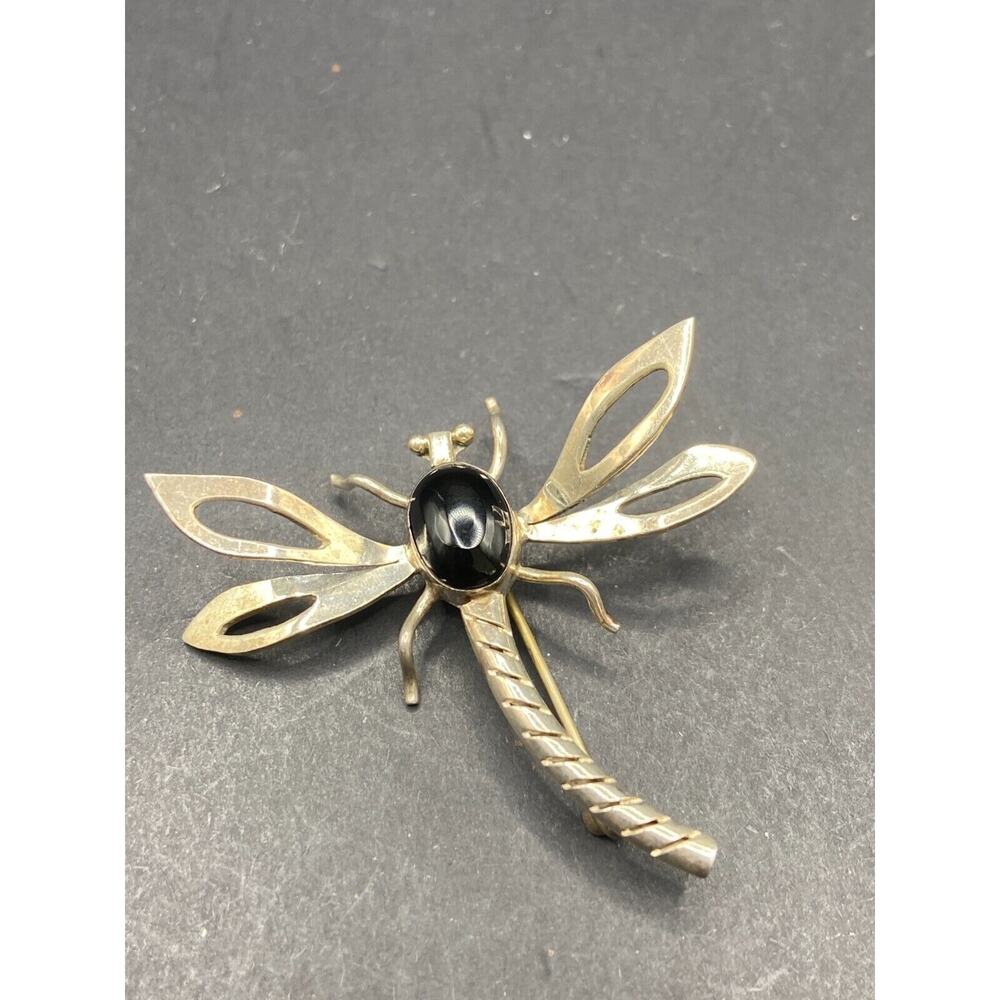 Vintage Taxco Mexico Sterling Silver 925 Black Onyx Dragon Fly Pin Brooch - Picture 5 of 11